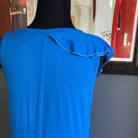 Three Dots royal blue wide side/shoulder ruffle stretch jersey sleeveless midi. - Picture 6 of 8